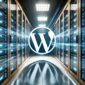 A high-quality image of a professional server room with sleek, modern servers for WordPress hosting. Glowing with blue lights, and an overlay of the WordPress logo